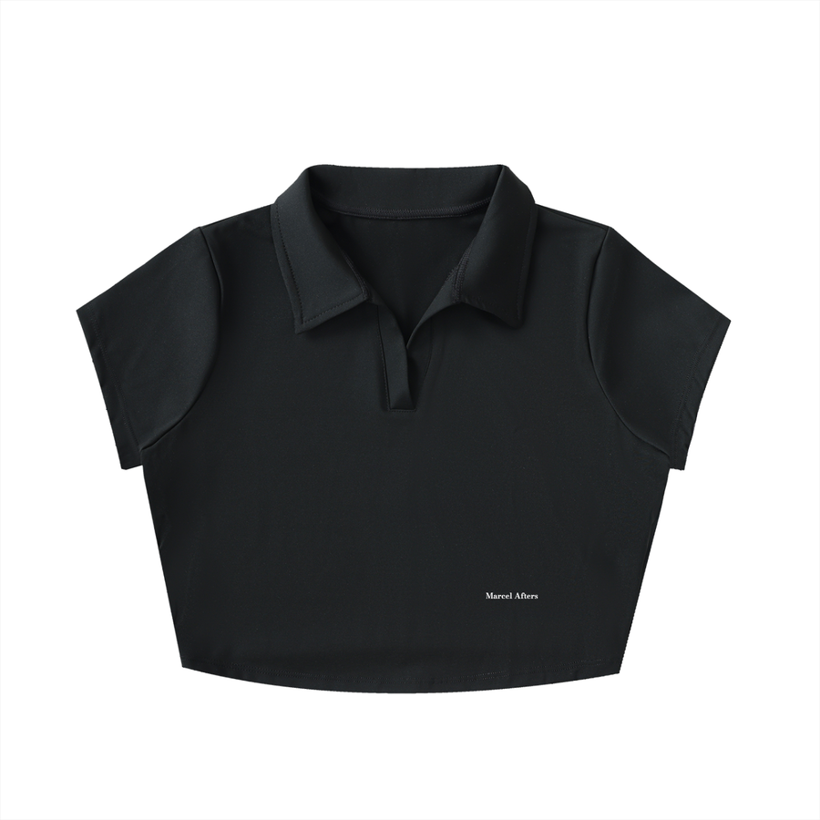 V-Neck Lapel Crop Top in Black, front view