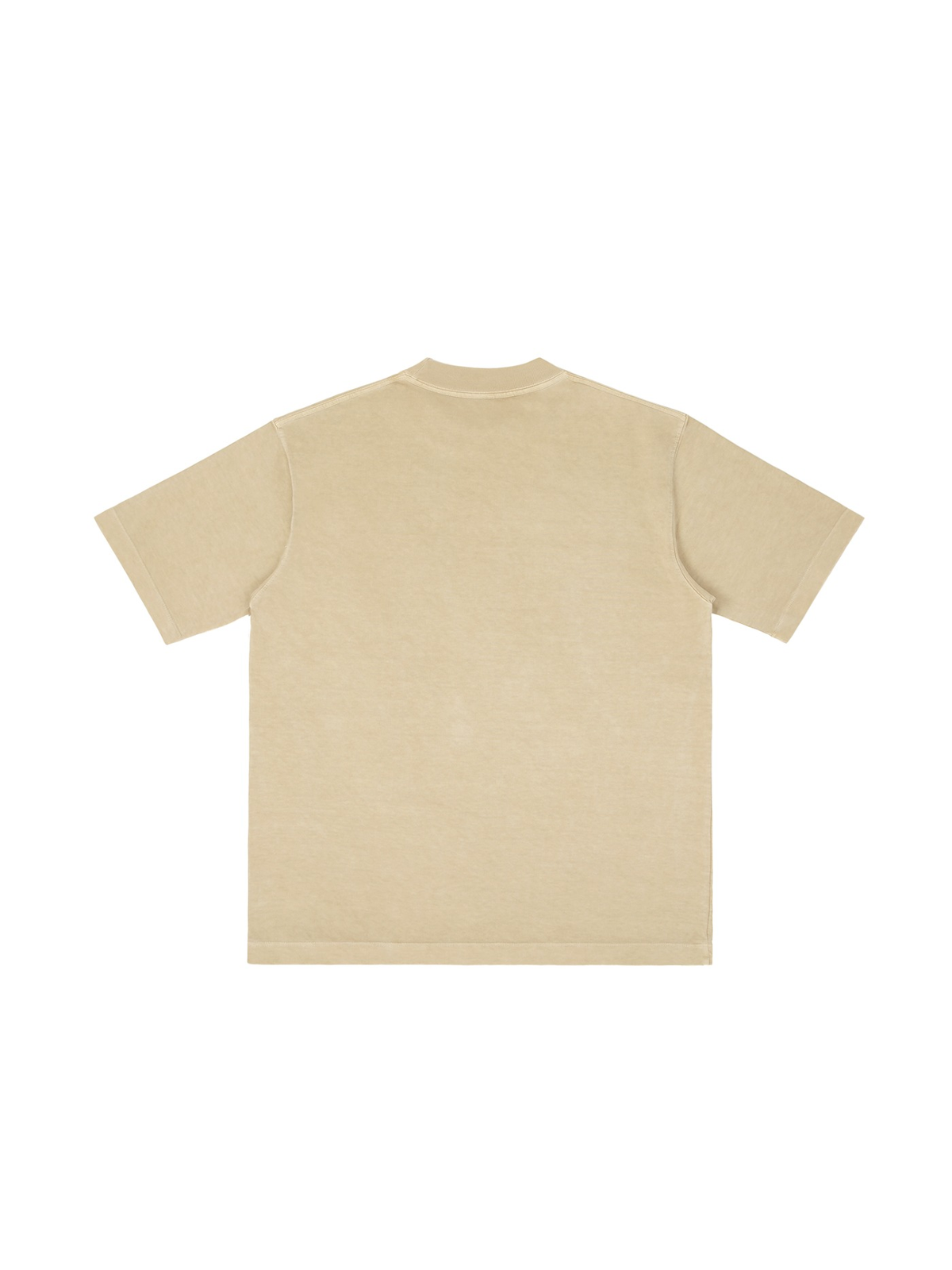 Unisex vintage wash drop shoulder t-shirt in Khaki, back view on white. Marcel Afters