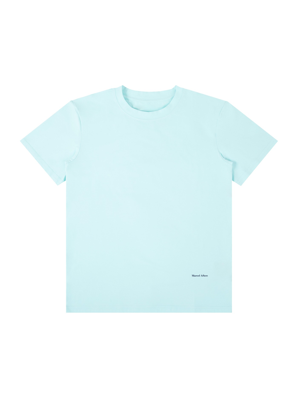 Unisex classic crew neck cotton t-shirt in Ice Water, front view on white. Marcel Afters