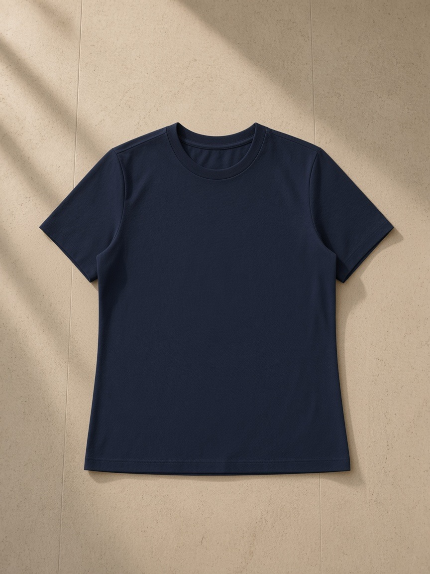 Women's standard shoulder t-shirt in Navy Blue, front view on white. Marcel Afters