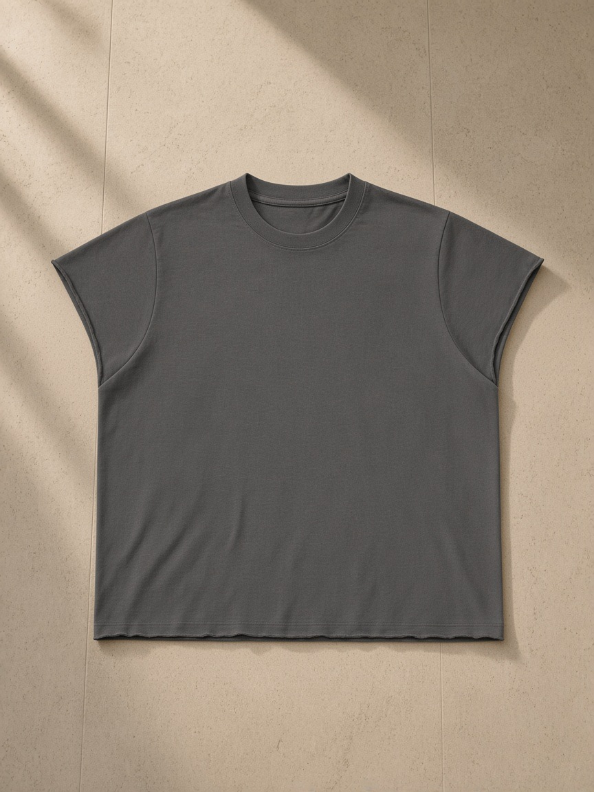 Unisex boxy raw edge t-shirt in Gray, front view on white. Marcel Afters
