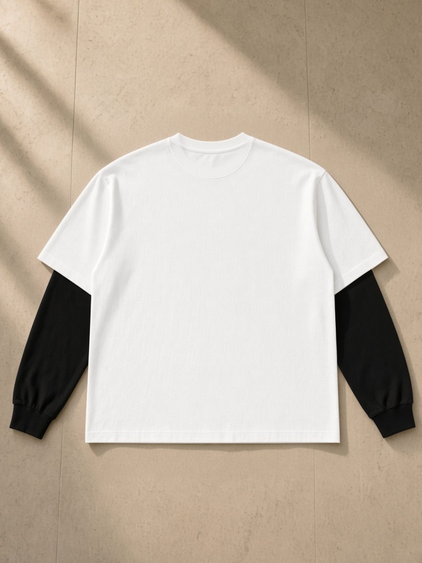 Layered Contrast Sleeve Cotton T-Shirt in White with Black, laid flat on pale limestone, back.