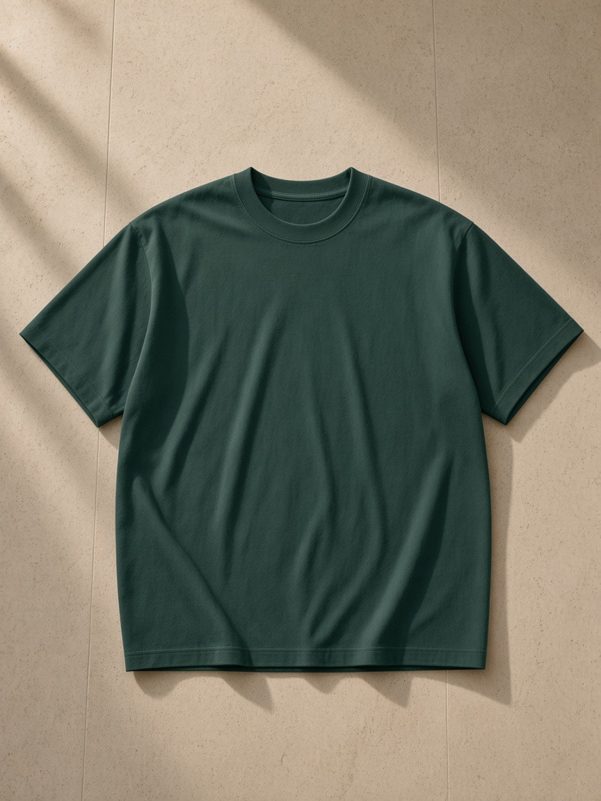 Unisex heavyweight oversized t-shirt in Blackish Green, laid flat on pale limestone