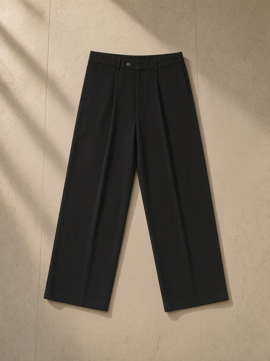 Adjustable waist straight-leg pants in Black, laid flat on pale limestone