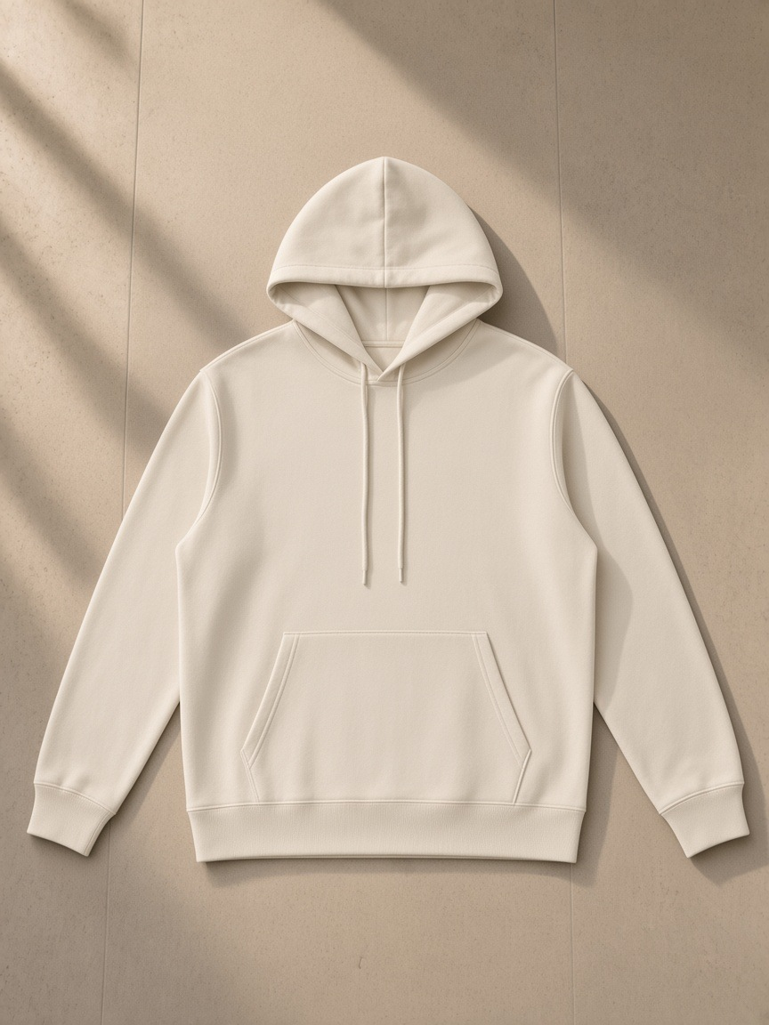 Essential oversized hoodie in Beige, laid flat on pale limestone