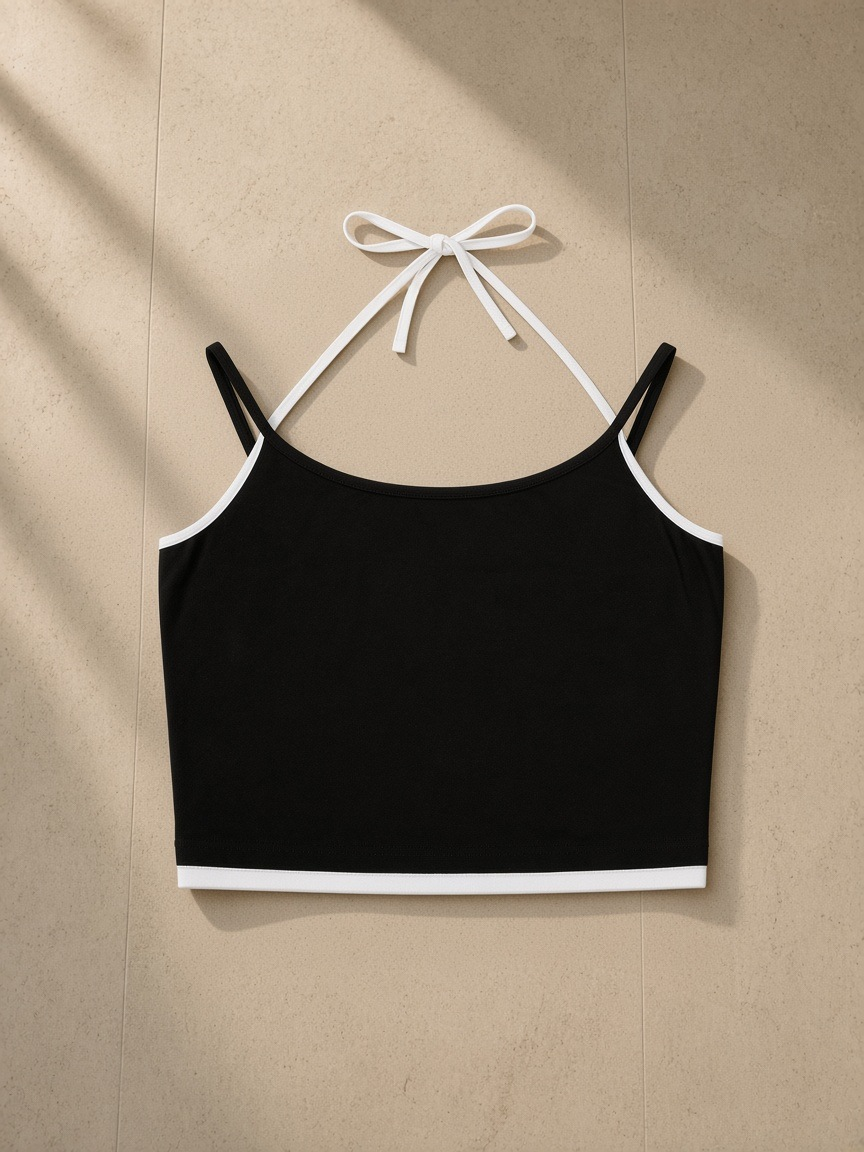 Women's Contrast Binding Halter Top in Black, laid flat on pale limestone