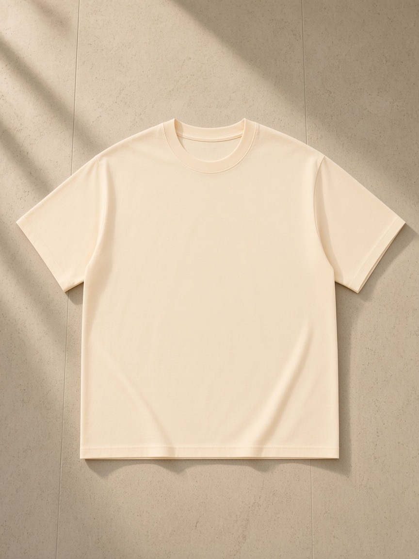 Unisex cotton t-shirt in Apricot, laid flat on pale limestone