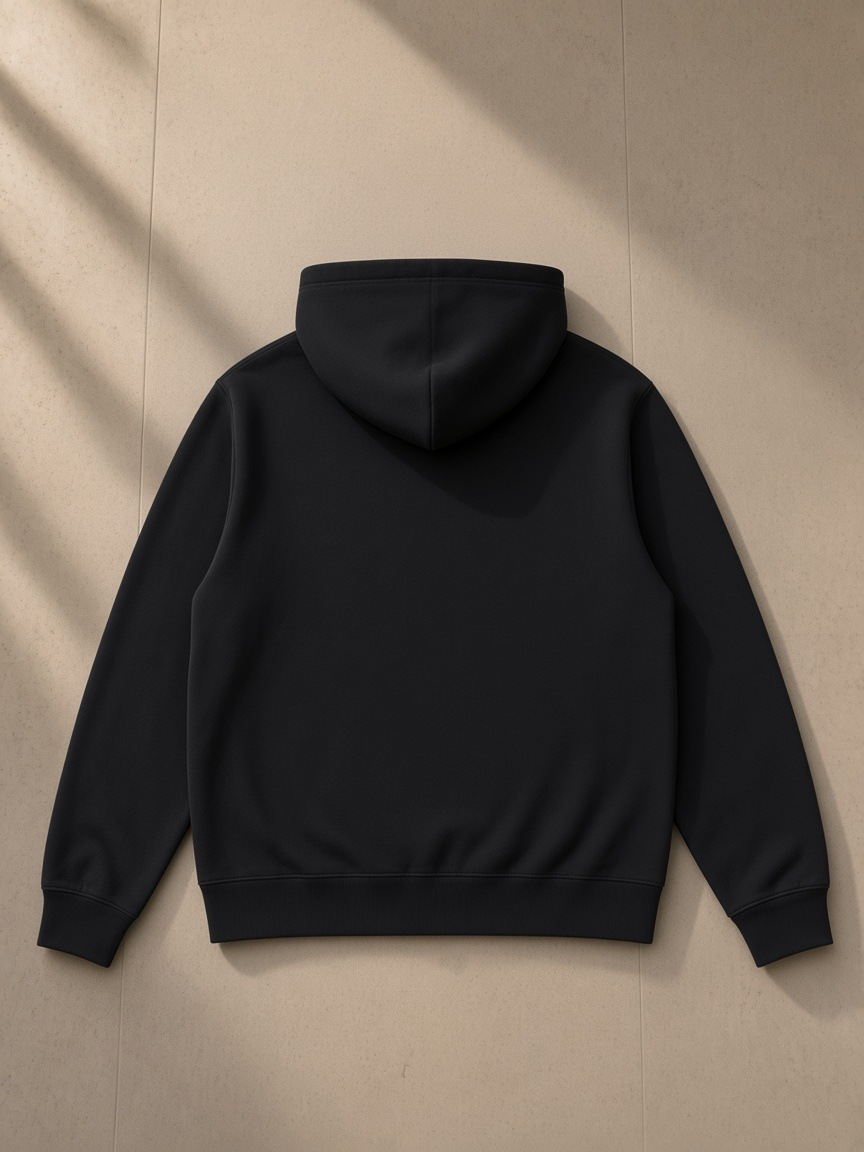 Essential oversized hoodie in Black, laid flat on pale limestone, back view