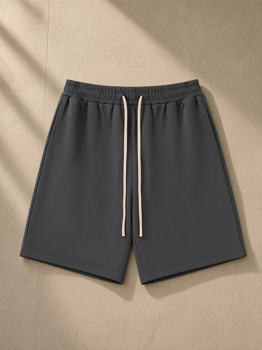 Drawstring shorts in Dark Gray, laid flat on pale limestone
