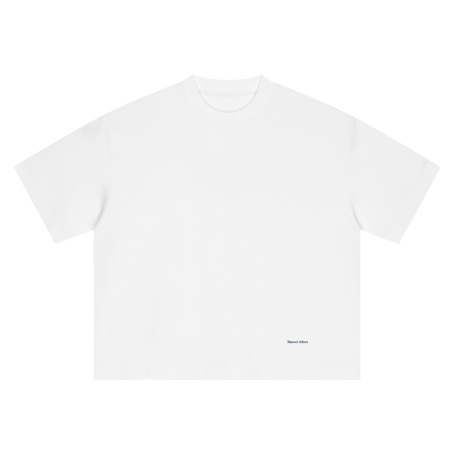 Women's Boxy Oversized T-Shirt in White, front view, small Marcel Afters wordmark at the lower left front.