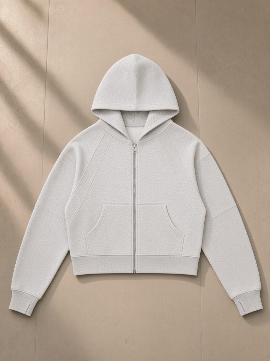 Cropped Zip-Through Hoodie in Cold Gray, laid flat on pale limestone, front.