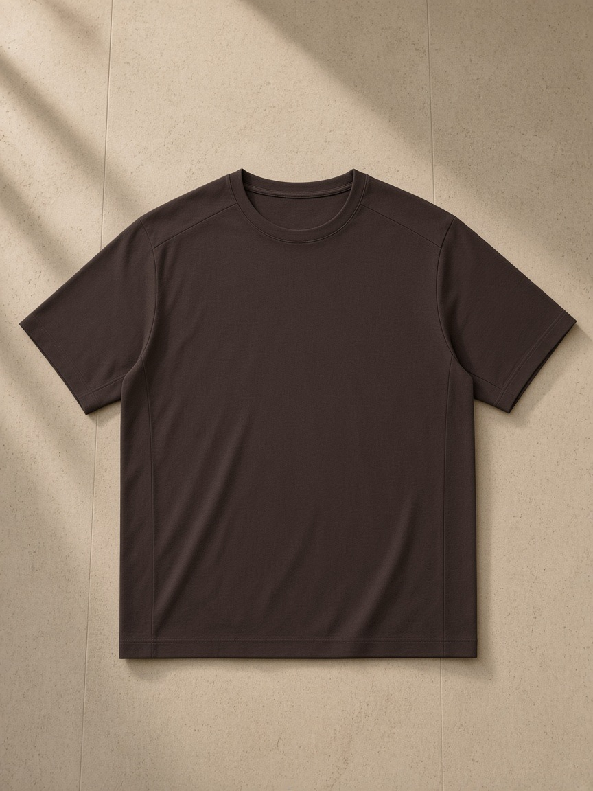 Unisex Lightweight Crewneck T-Shirt in Brown, laid flat on pale limestone