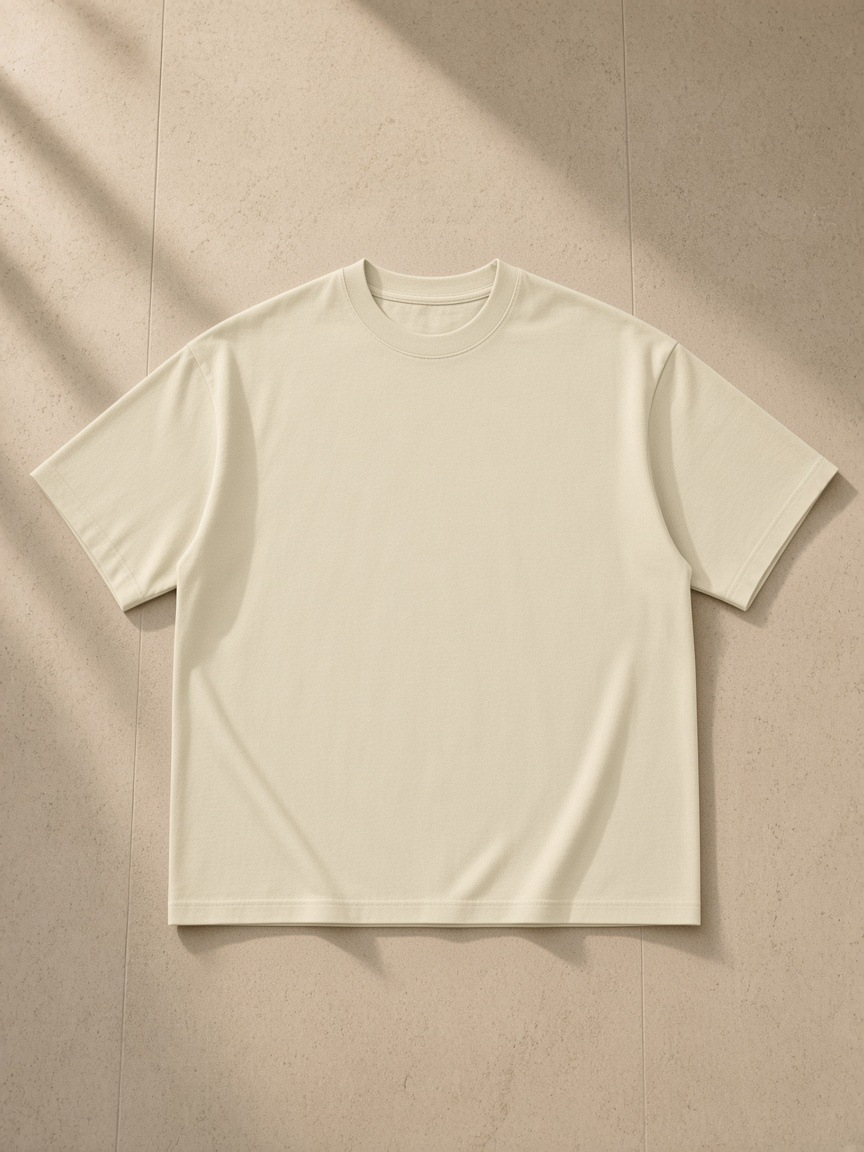 Unisex classic loose boxy tee in Apricot, laid flat on pale limestone