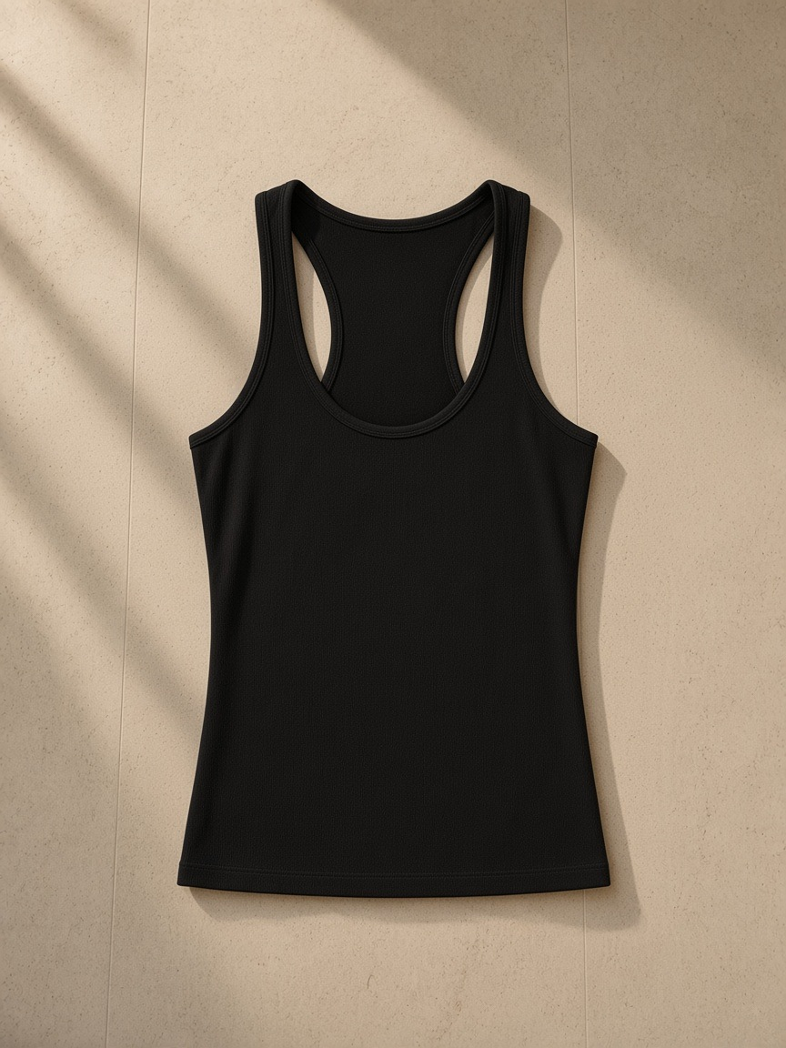 Slim Fit Ribbed Racerback Tank Top in Black, laid flat on pale limestone
