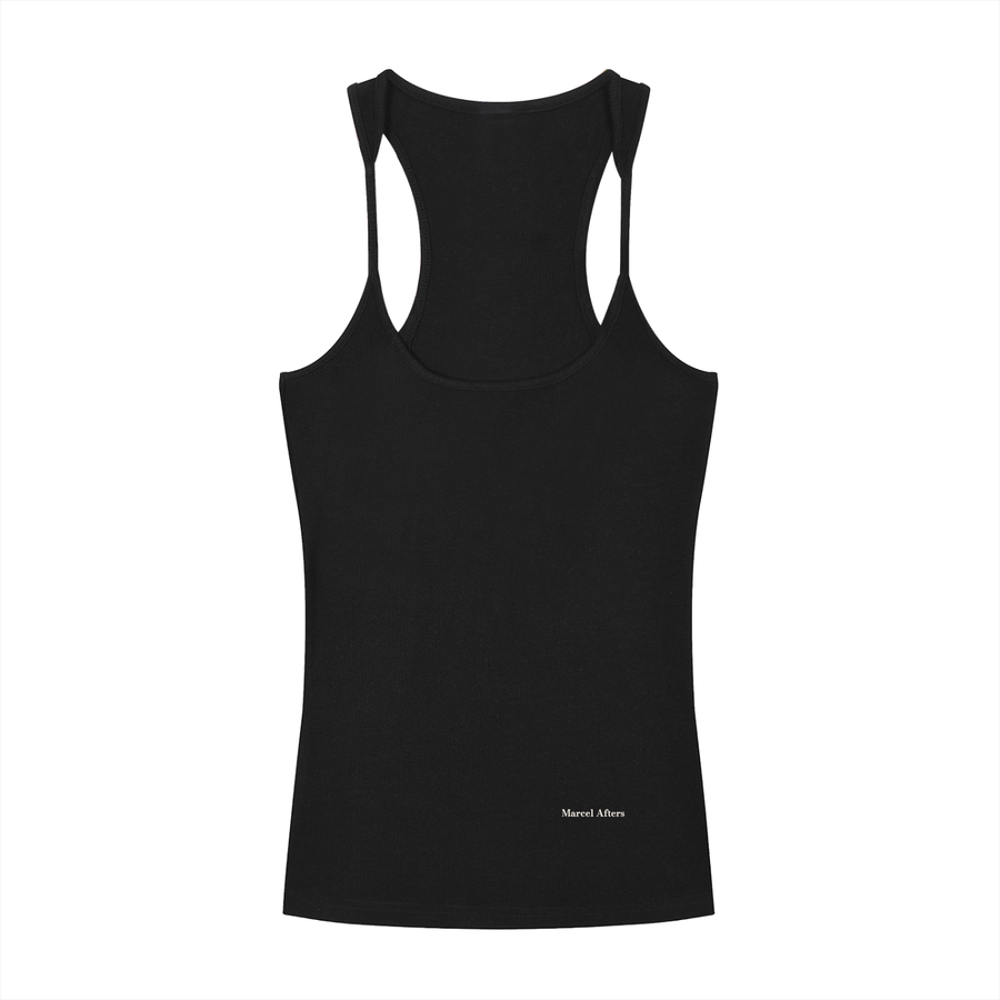 Slim Fit Ribbed Racerback Tank Top in Black, front view, small Marcel Afters wordmark at the lower left front.