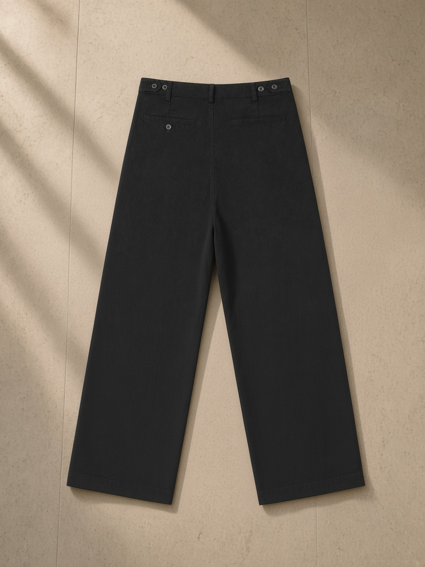 Adjustable Waist Straight-Leg Trousers in Black, laid flat on pale limestone, back view