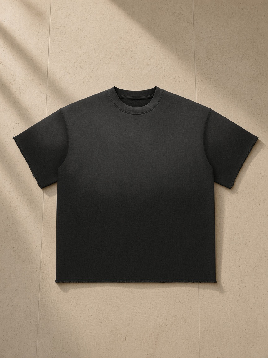 Women's sun fade raw edge t-shirt in Black, laid flat on pale limestone