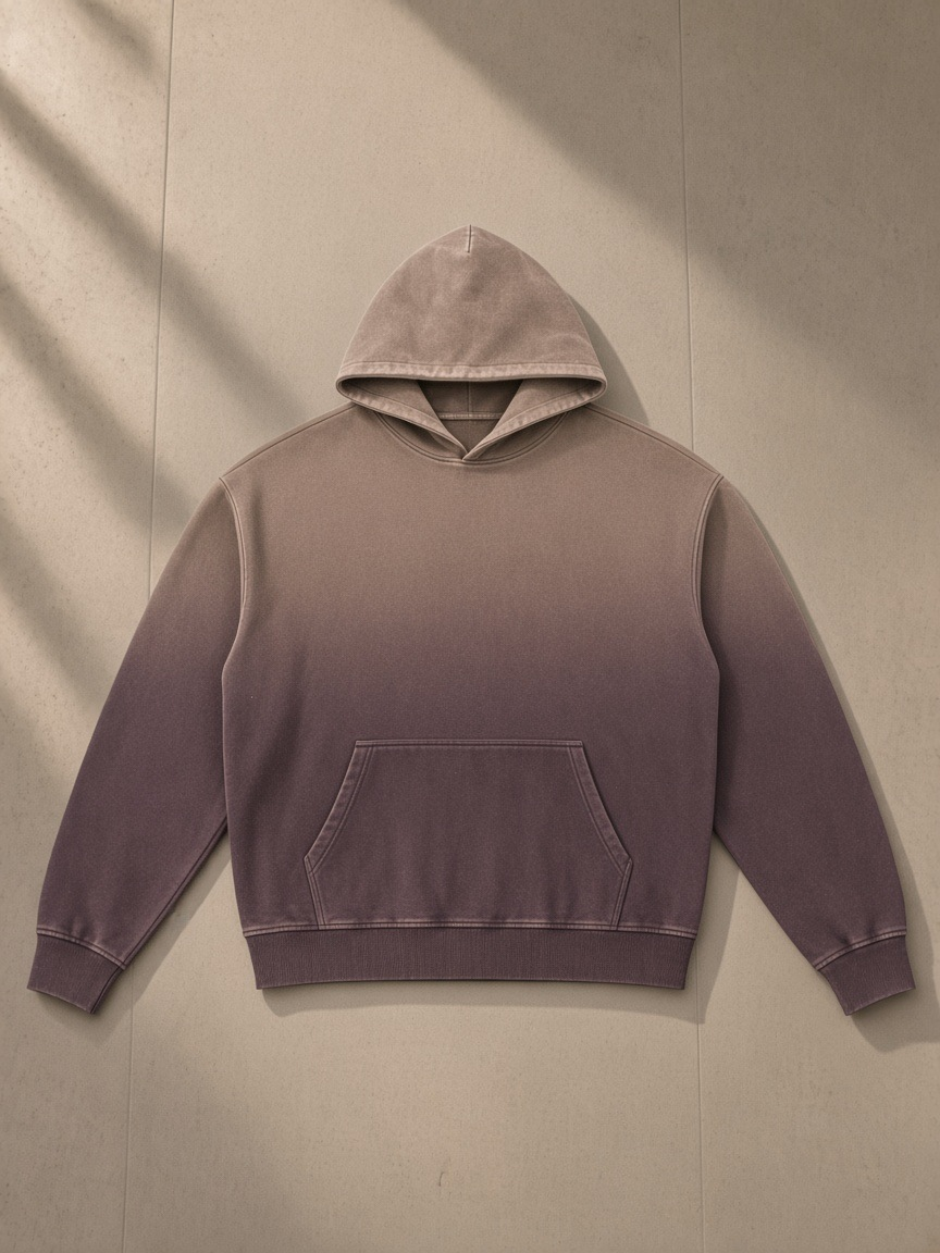 Vintage Washed Gradient Fleece Hoodie in Brown, laid flat on pale limestone, front.