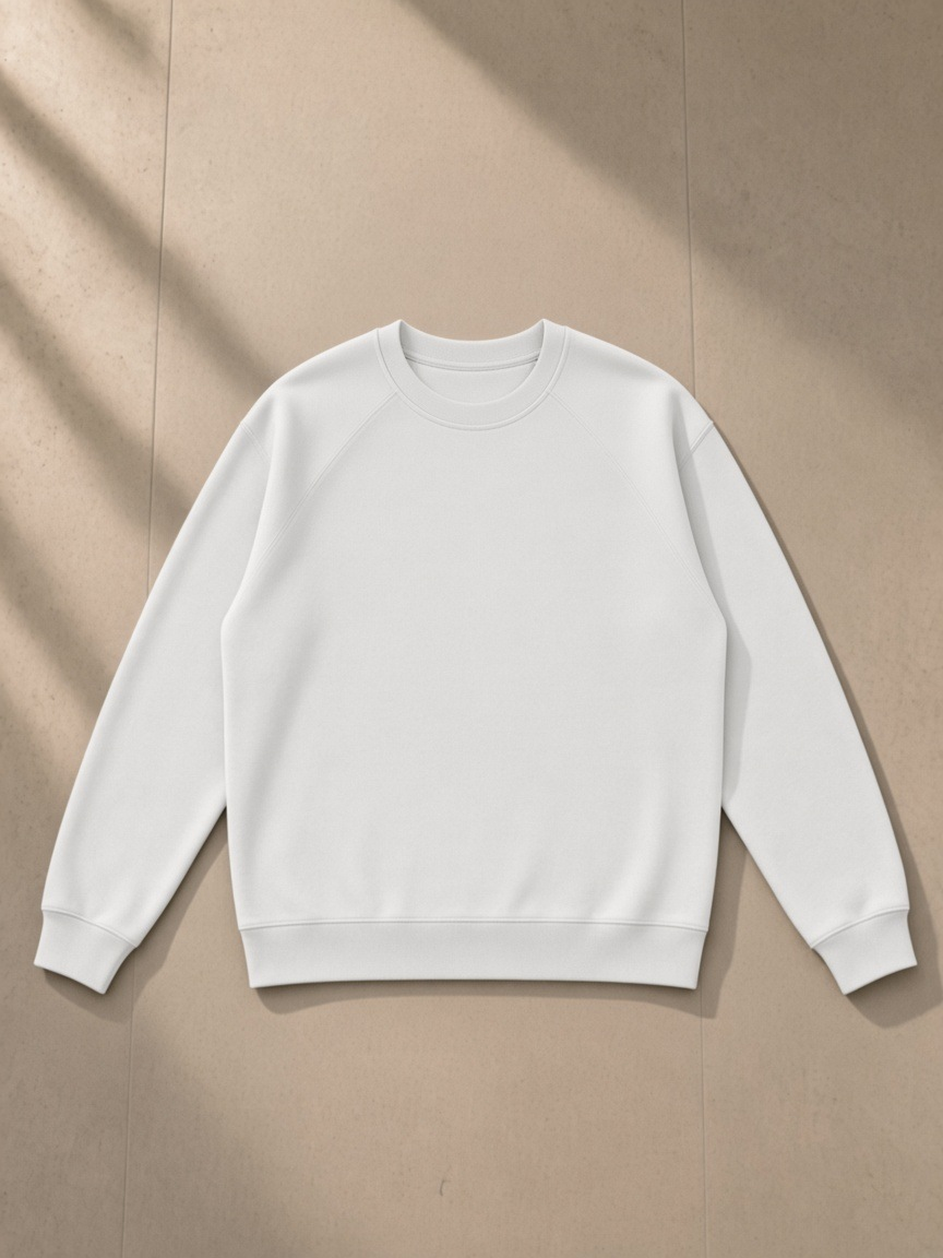 Regular Fit Crewneck Sweatshirt in Light Gray, laid flat on pale limestone, front.