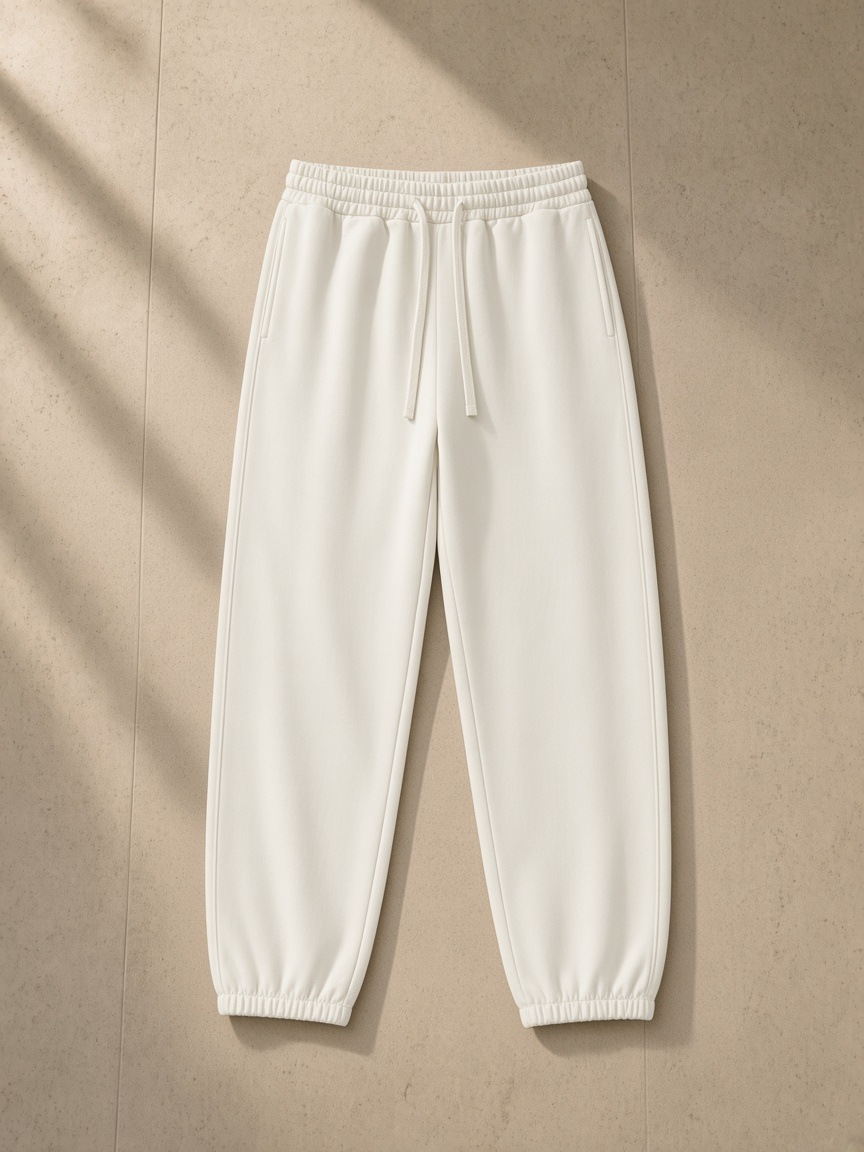 Essential Heavyweight Cotton Sweatpants in Apricot, laid flat on pale limestone