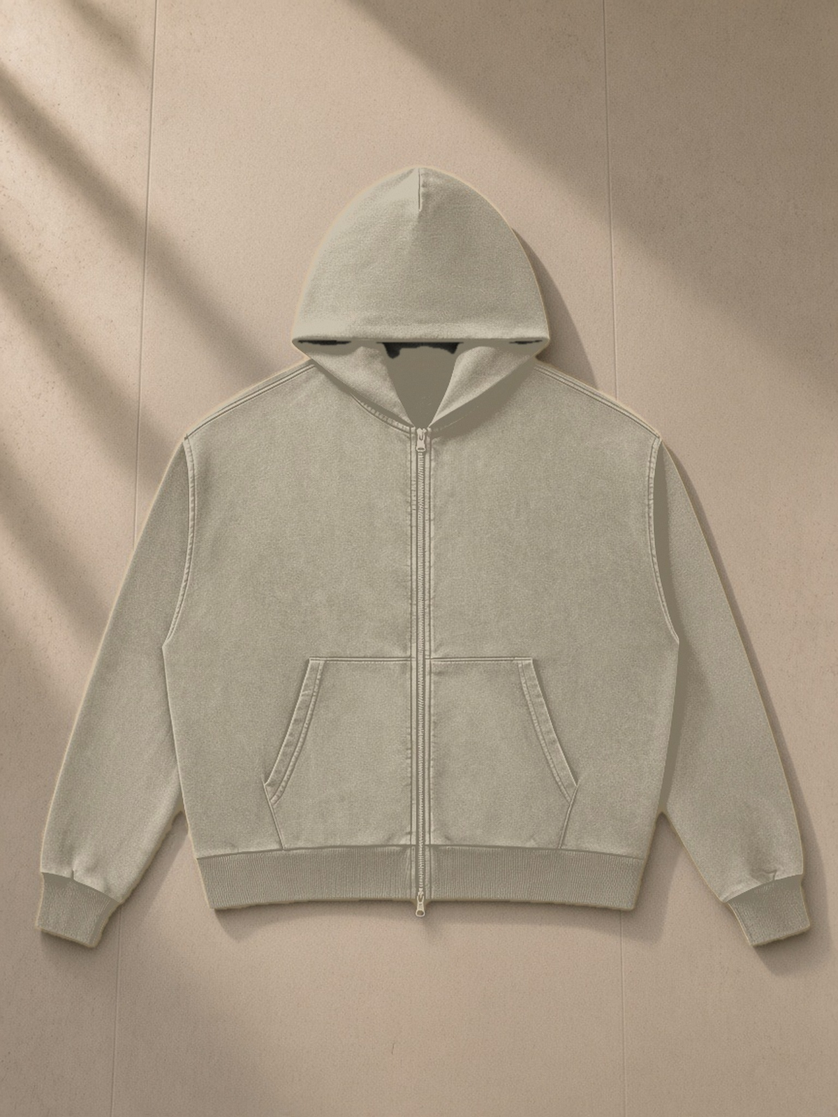Mineral Wash Boxy Full Zip Hoodie in Khaki, laid flat on pale limestone, front view