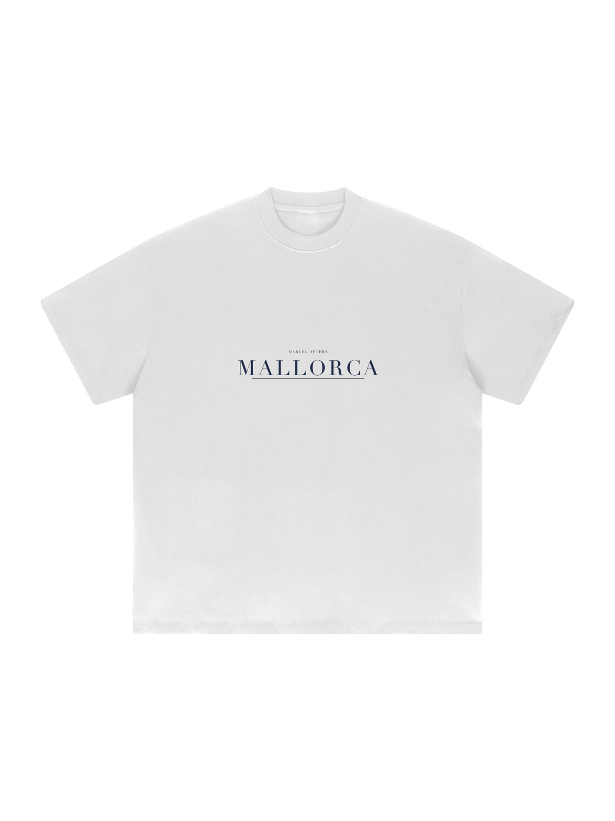 Mallorca Heavyweight Drop Shoulder T-Shirt by Marcel Afters in White, front view with the printed artwork, on white