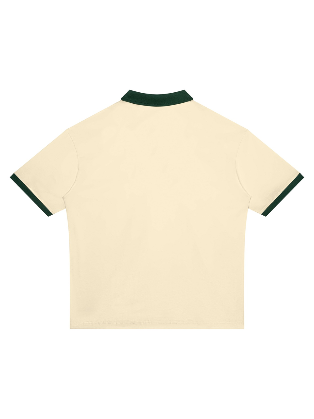 Unisex color block polo shirt in Apricot with Dark Green, back view on white. Marcel Afters