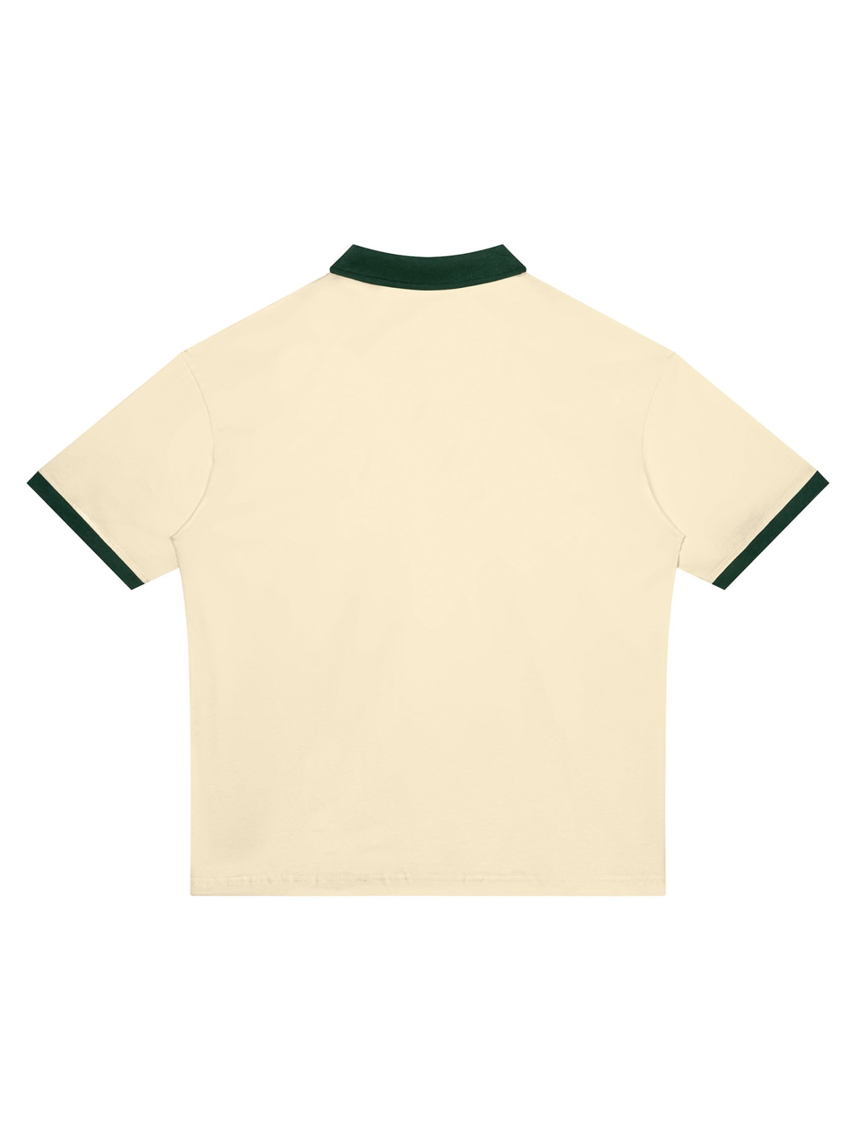 Unisex color block polo shirt in Apricot with Dark Green, back view on white. Marcel Afters