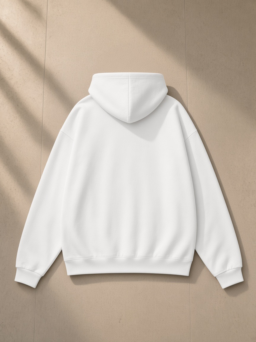 Unisex heavyweight hidden pocket fleece hoodie in Lucent White, laid flat on pale limestone, back view