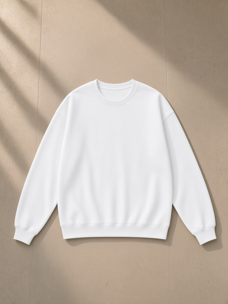 Unisex heavyweight drop shoulder sweatshirt in Lucent White, laid flat on pale limestone