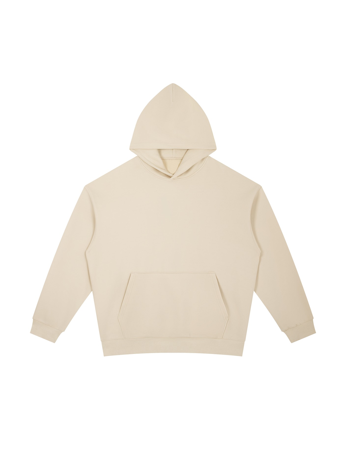Essential Heavyweight Hoodie, 400 gsm in Camel, laid flat on pale limestone, front.