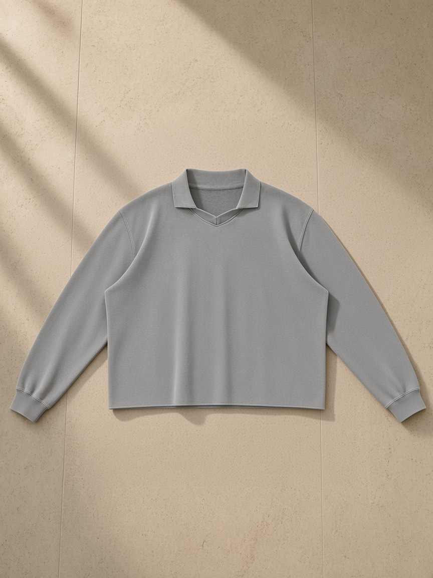Mineral Wash Pullover Sweatshirt in Medium Gray, laid flat on pale limestone, front.