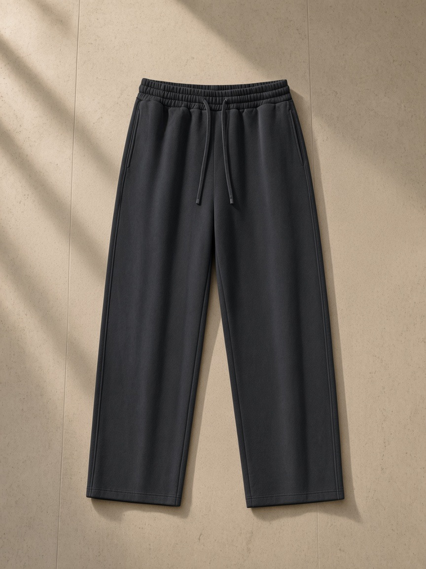 Essential Drawstring Straight-Leg Sweatpants in Charcoal Gray, laid flat on pale limestone