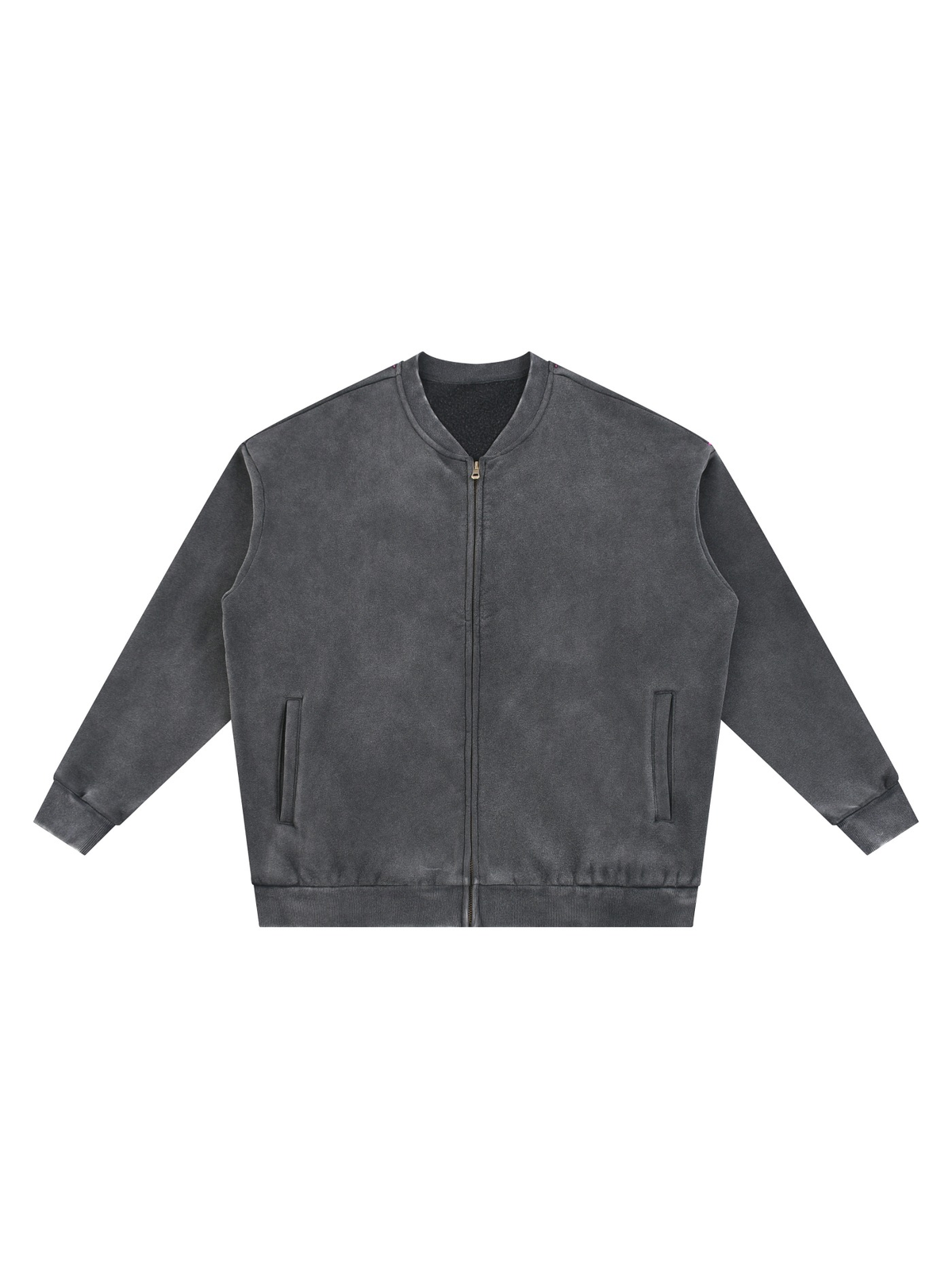 Vintage Washed Fleece Baseball Jacket in Black, front view
