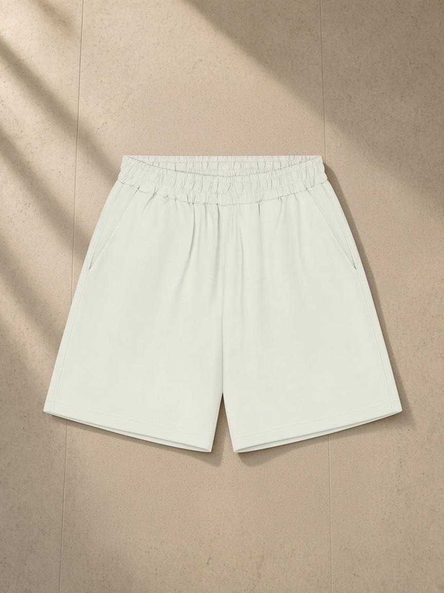 Unisex regular fit shorts in White Gray, laid flat on pale limestone