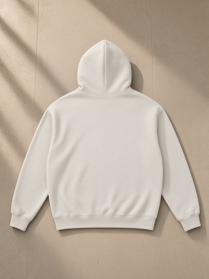 Essential heavyweight hoodie in Oat Gray, laid flat on pale limestone, back view