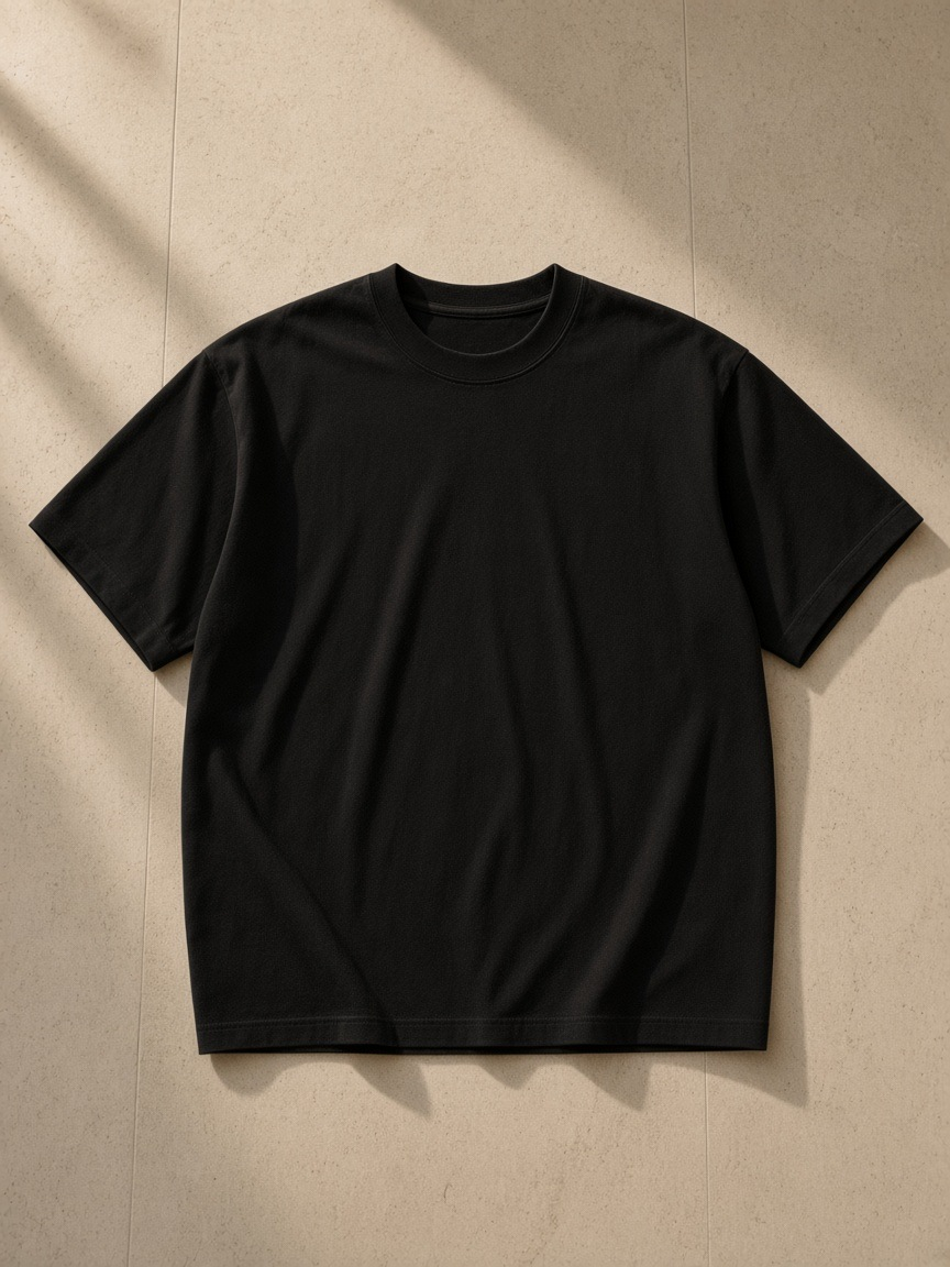 Unisex cotton boxy t-shirt in Black, front view on white. Marcel Afters