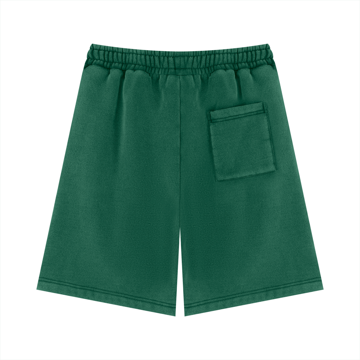 Unisex vintage wash fleece shorts in Dark Green, back view on white. Marcel Afters