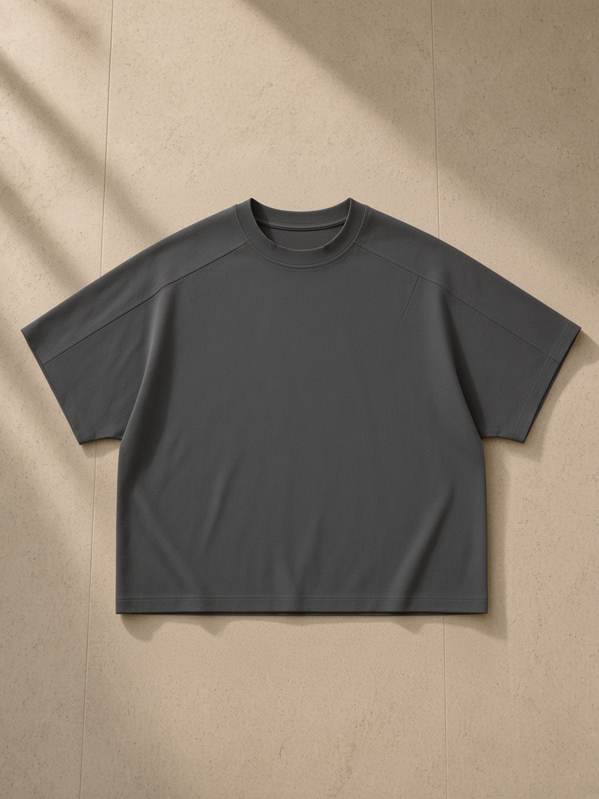 Unisex boxy tonal paneling t-shirt in Dark Gray, laid flat on pale limestone
