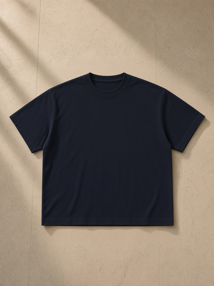 Unisex cotton boxy t-shirt in Navy Blue, laid flat on pale limestone