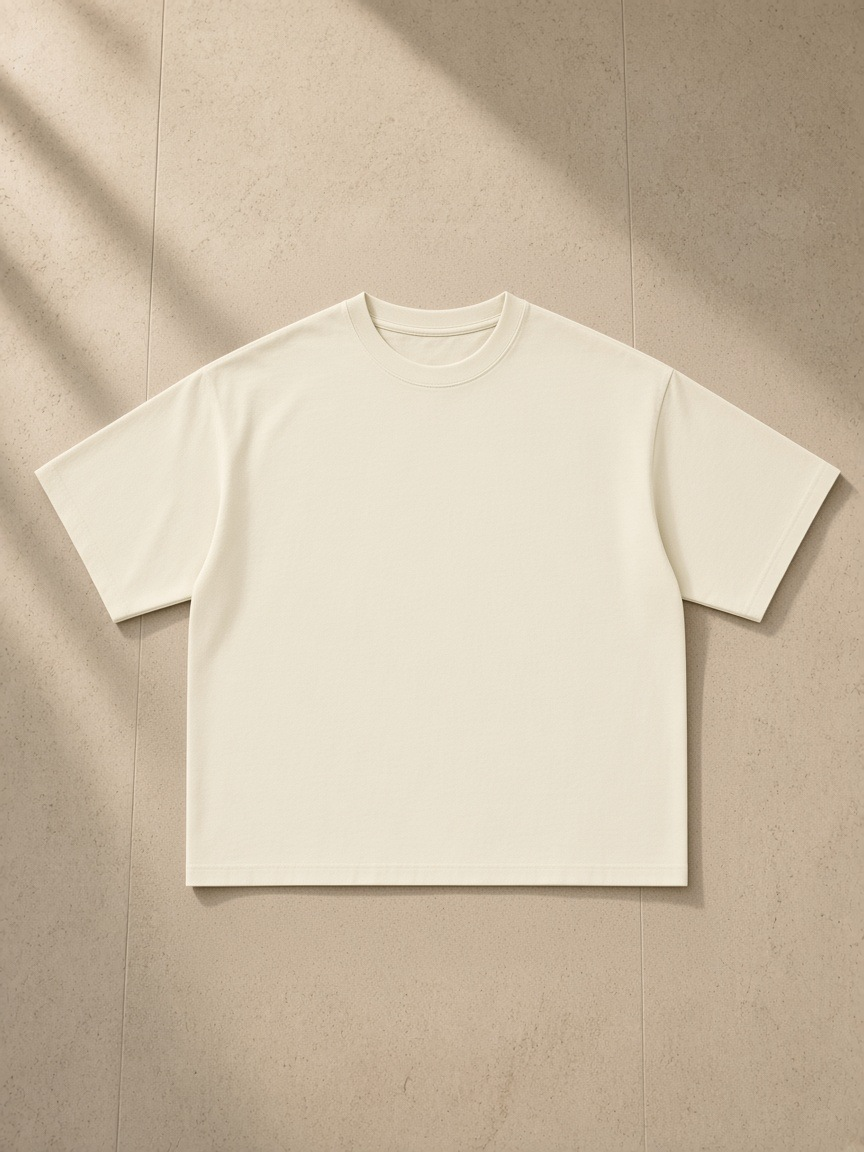 Essential Sorona Boxy T-Shirt in Light Apricot, laid flat on pale limestone