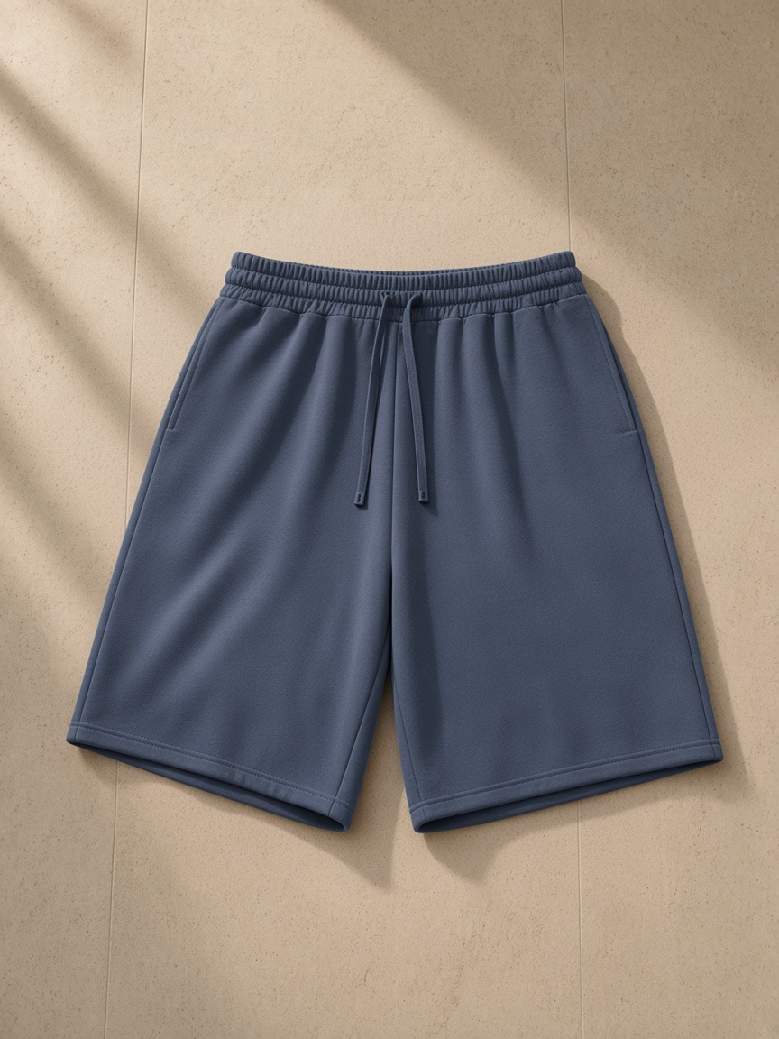 Loose Raw Edge Shorts in Jeans Blue, laid flat on pale limestone