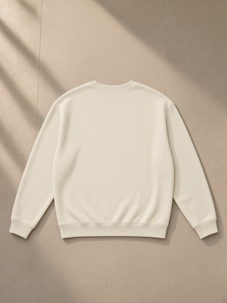 Loose Crewneck Sweatshirt in White Gray, laid flat on pale limestone, back view