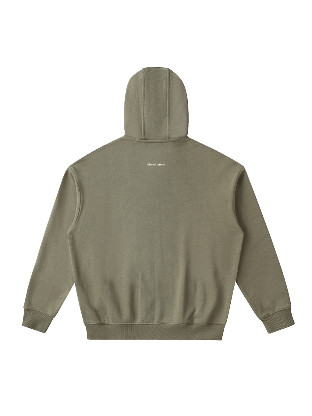 Unisex drop-shoulder zip up hoodie in Gray Green, back view on white. Marcel Afters
