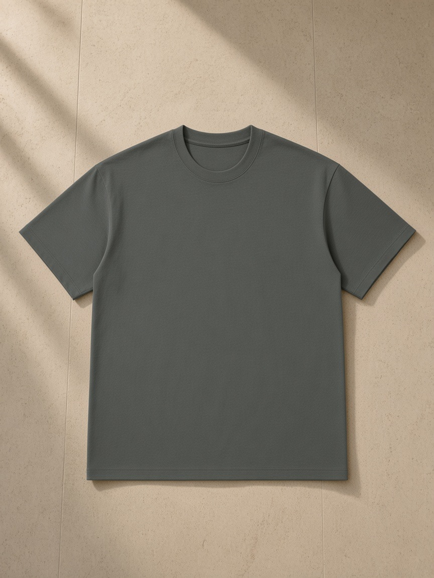 Regular Fit Crewneck T-Shirt in Dark Gray, laid flat on pale limestone