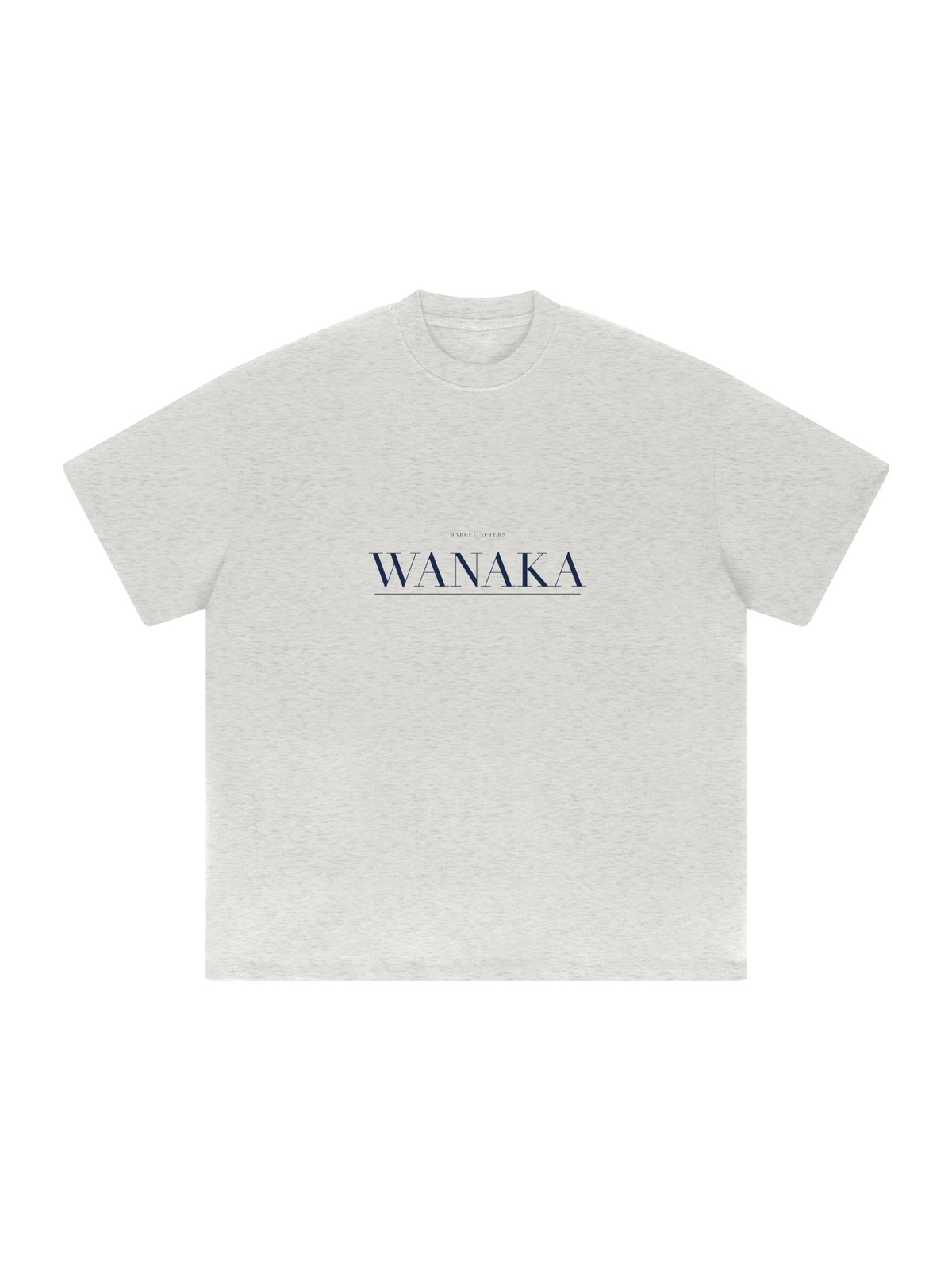 Wanaka Heavyweight Drop Shoulder T-Shirt by Marcel Afters in Oat Gray, front view with the printed artwork, on white