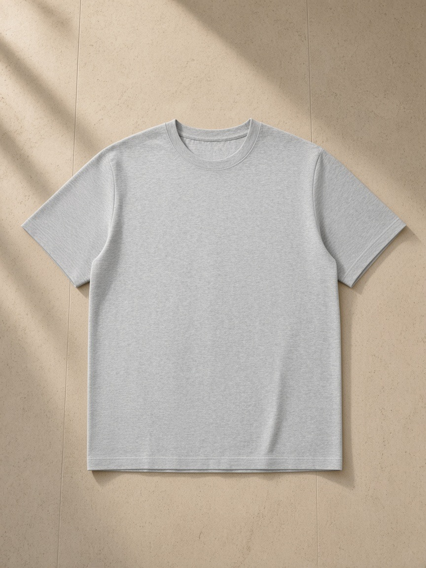 Sorona Quick-Dry Boxy T-Shirt in Flower Gray, laid flat on pale limestone
