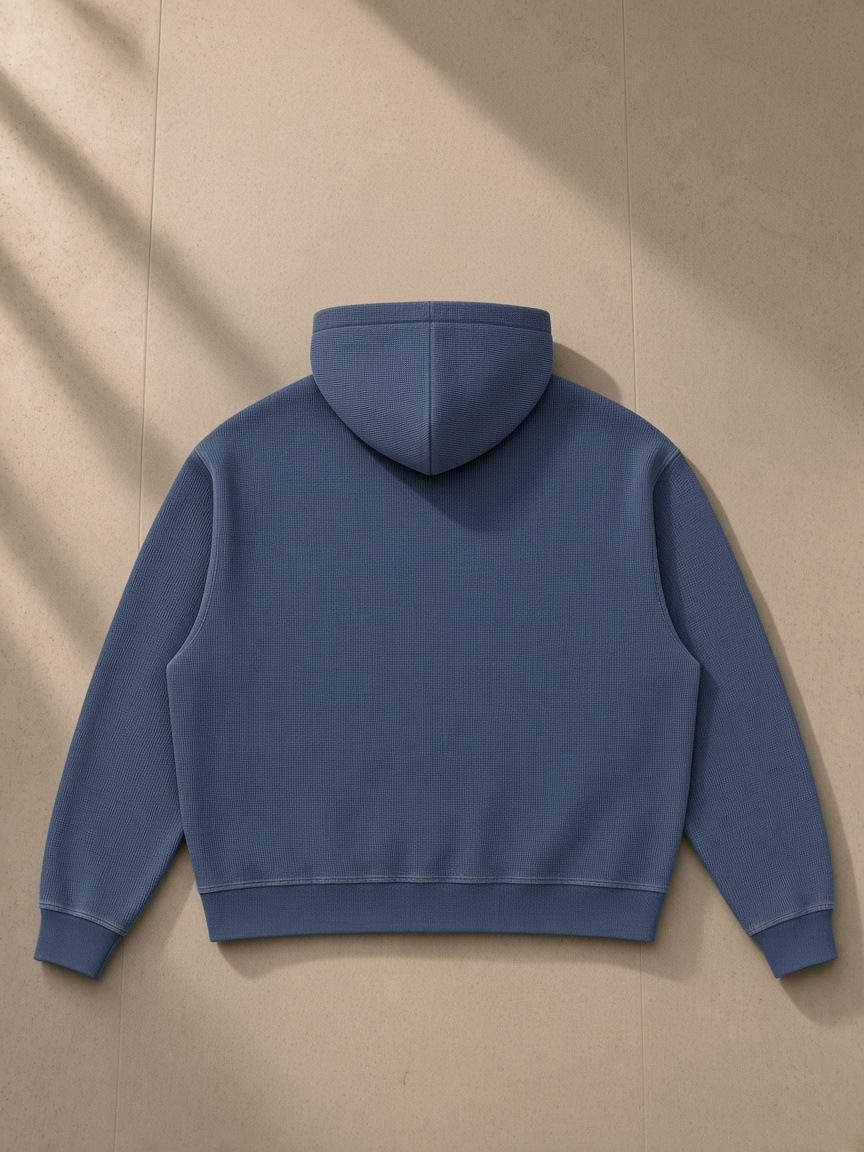 Unisex vintage wash boxy waffle full zip hoodie in Navy Blue, laid flat on pale limestone, back view