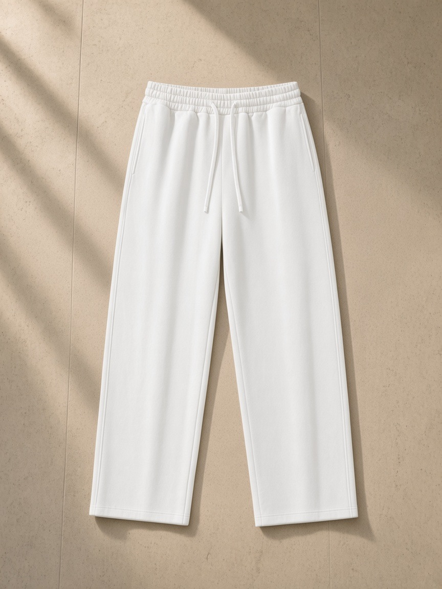 Straight-leg sweatpants in White, laid flat on pale limestone
