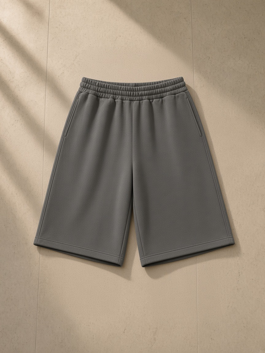 Unisex heavyweight shorts in Dark Gray, laid flat on pale limestone